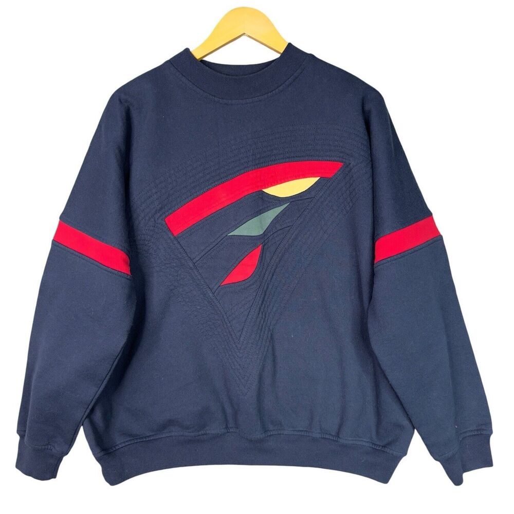 VTG 80s Surpiqûre Sweatshirt Navy Red Geometric Men’s‎ L / Women’s XL Oversized